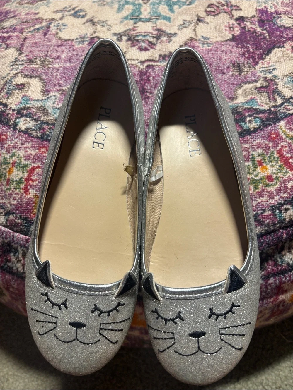 Children’s Place Girls Glitter Cat Face Ballet Flats, Silver, Size 13